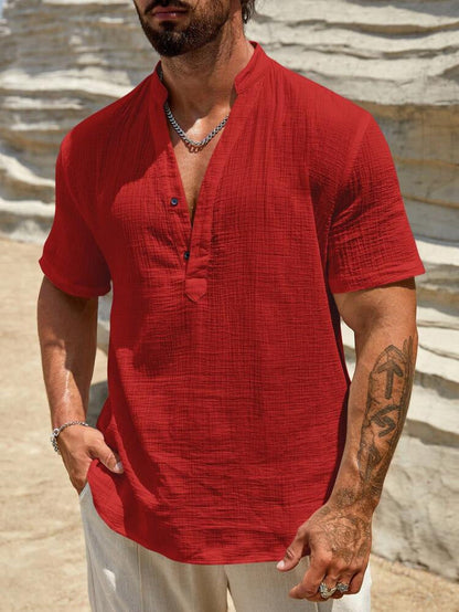 Men's Short Sleeve Shirt Modern Stand-up Collar Lightweight Cotton