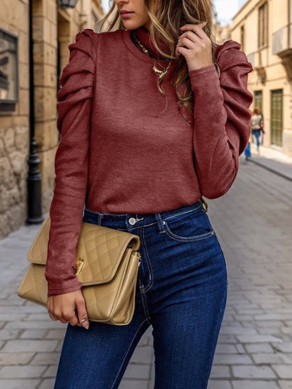 Soft Knit Sweater for Women with Round Neck and Puff Sleeves