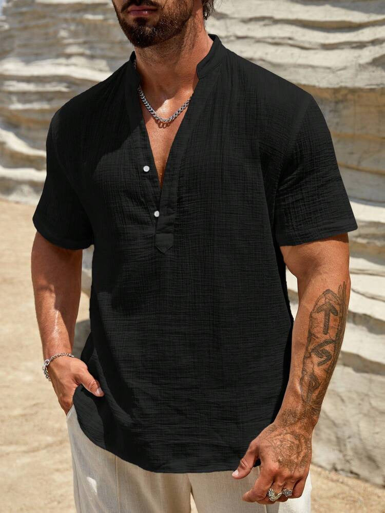 Men's Short Sleeve Shirt Modern Stand-up Collar Lightweight Cotton