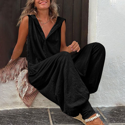 Damen Jumpsuit Casual Kapuze Knopfverschluss