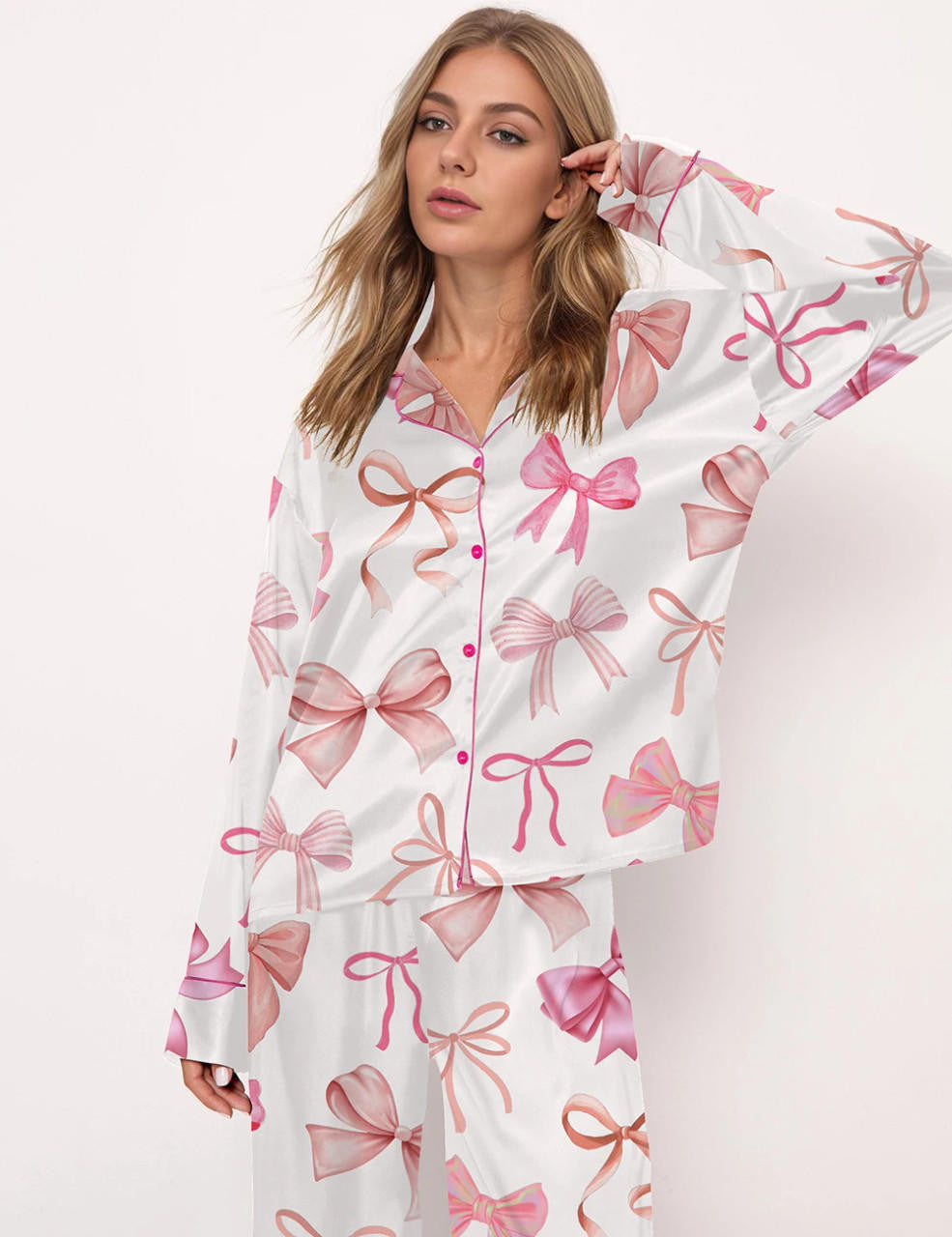 Women's Silk Pajama Set Playful Bow Design