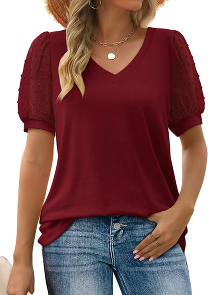 Damen T-Shirt V-Ausschnitt mit Puffärmeln Frauen Oberteil