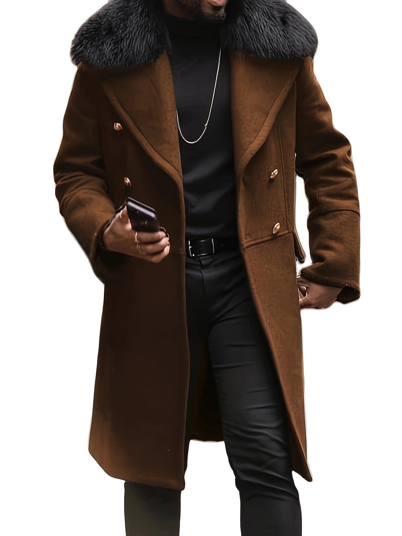 Men's Wool Jacket Elegant Design Faux Fur Collar