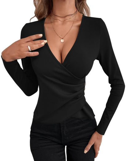 Women's Wrap Top with Buttons and Plunge Neckline