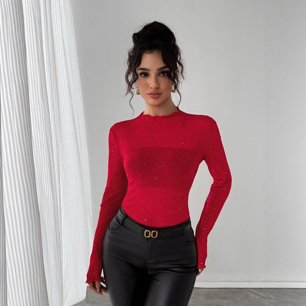 Women's Bodysuit Elegant Ruffled Collar Glitter Details