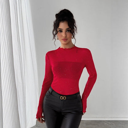 Women's Bodysuit Elegant Ruffled Collar Glitter Details