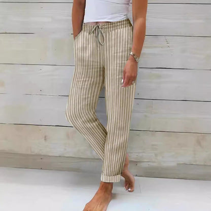 Damen Bequeme Baumwollhose Streifenmuster Flexibler Bund - IdealeKleiden