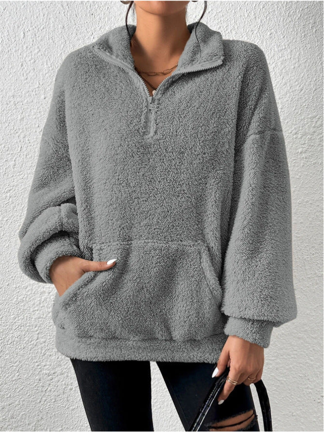 Women's Fleece Pullover Soft Stand-up Collar Pockets