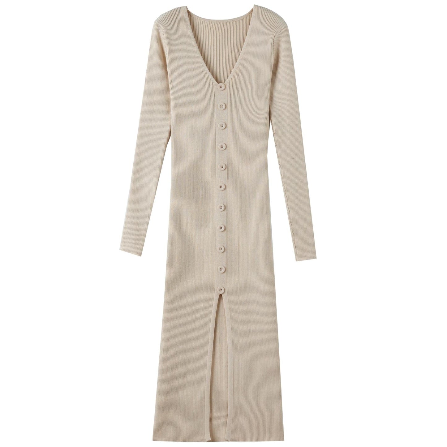 Women's Maxi Dress Long Sleeve Ribbed Elegant Button Design
