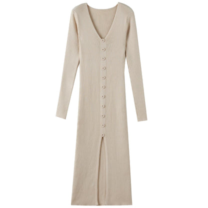 Women's Maxi Dress Long Sleeve Ribbed Elegant Button Design