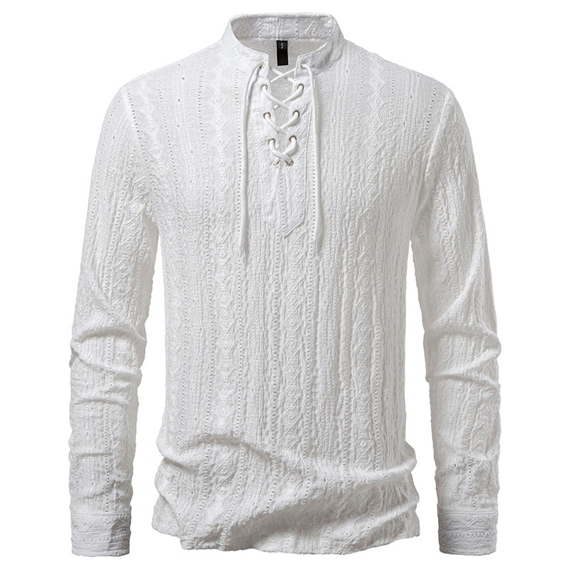 Men's Long-Sleeve Shirt with Lace-Up Detail, Modern Style