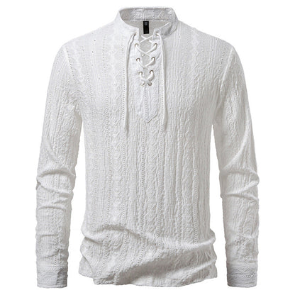 Men's Long-Sleeve Shirt with Lace-Up Detail, Modern Style