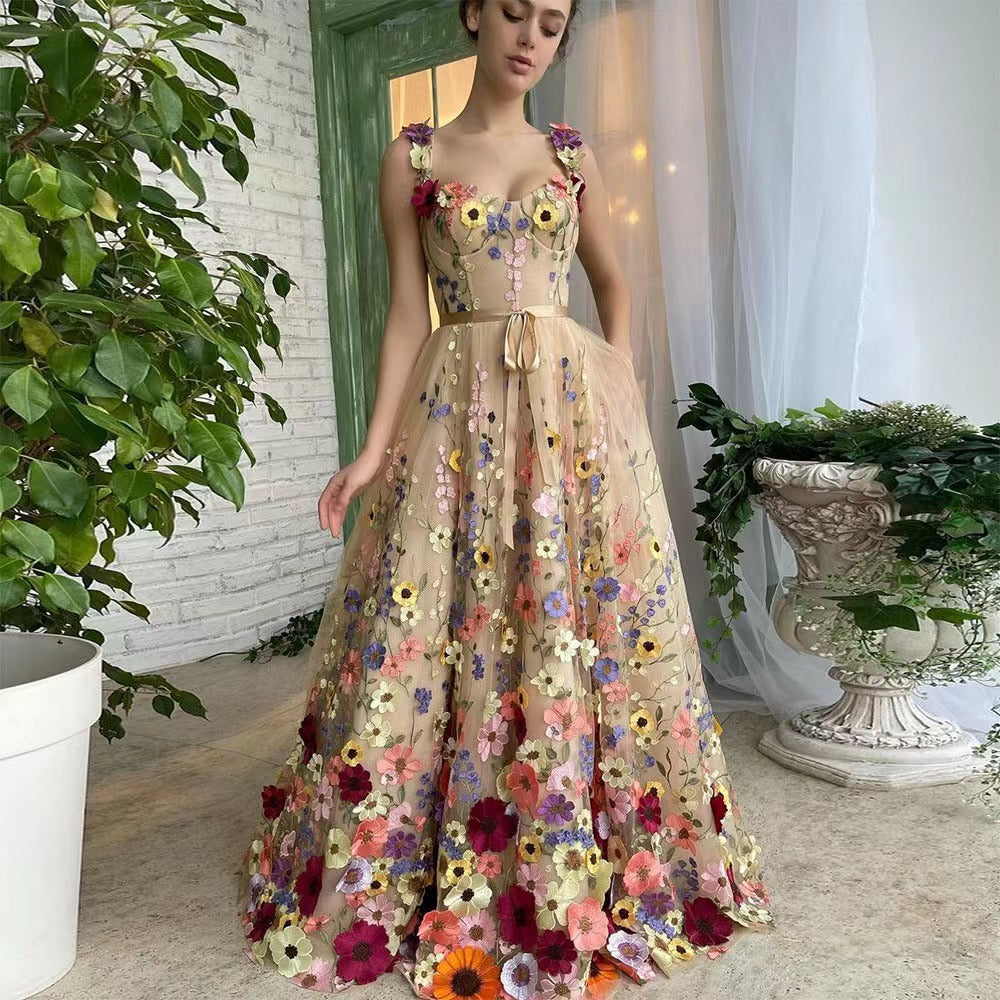 Women's Tulle Dress Floral Print with Waist Belt Elegant A-Line