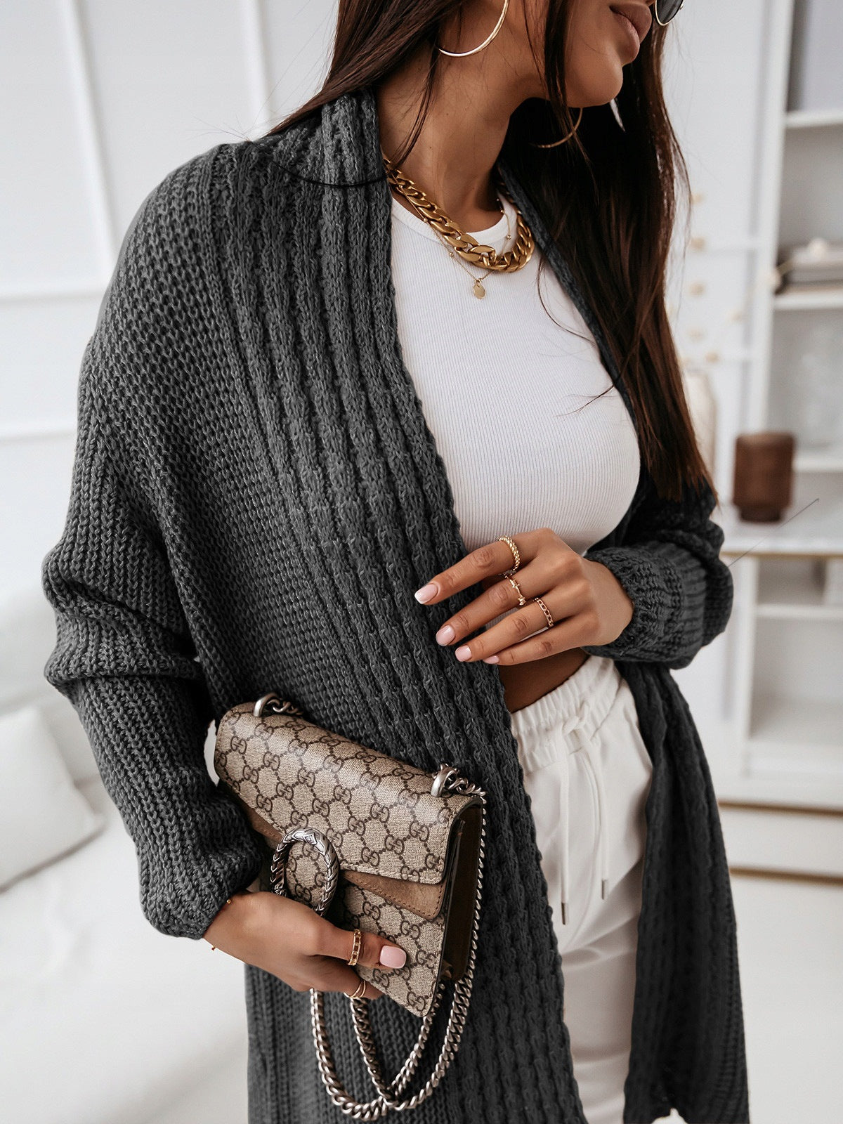 Long-Sleeve Cardigan Woolly Loose Laced