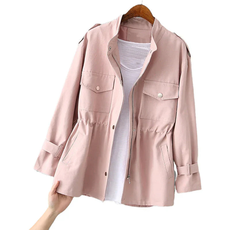 Practical outdoor jacket with waist belt and multi-purpose pockets