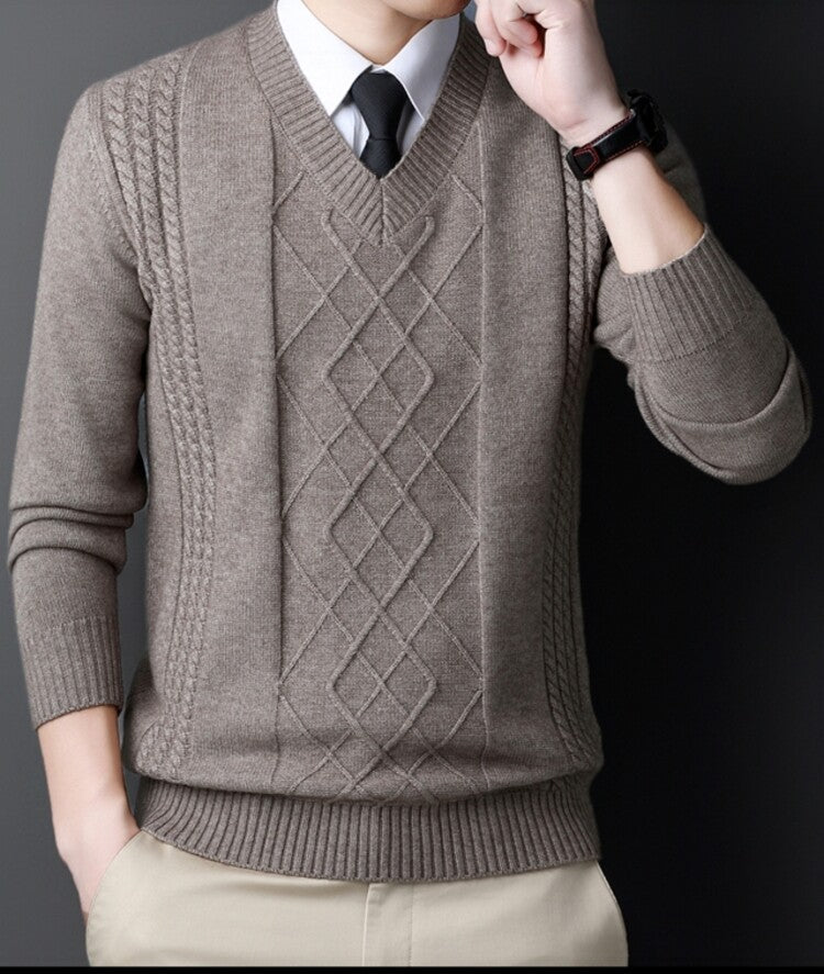 Men's V-Neck Sweater Modern Cable Knit Design