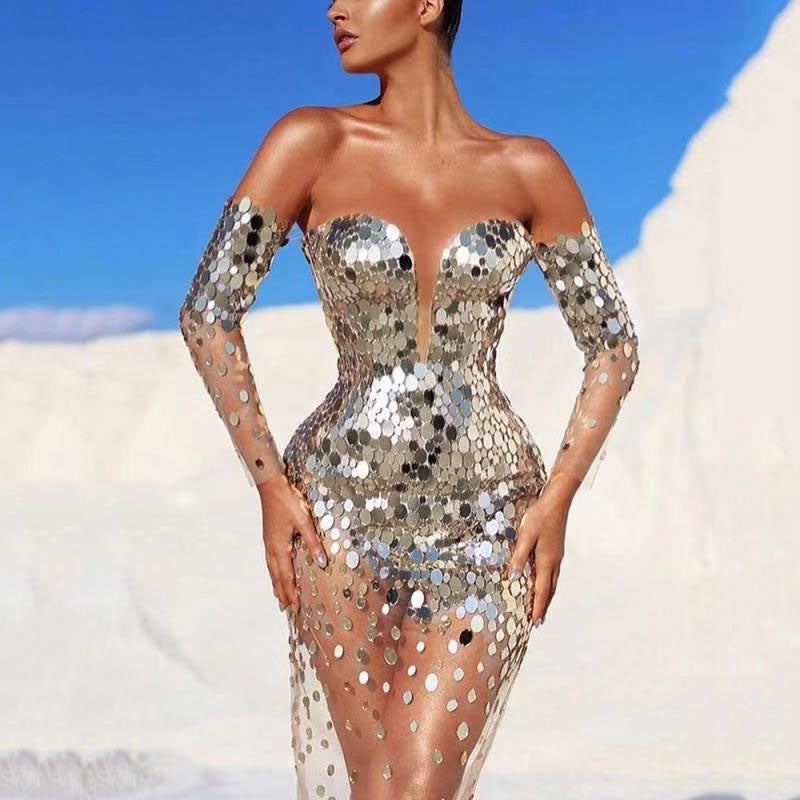 Sparkly Evening Dress for Women, Elegant, Sheer Sleeves