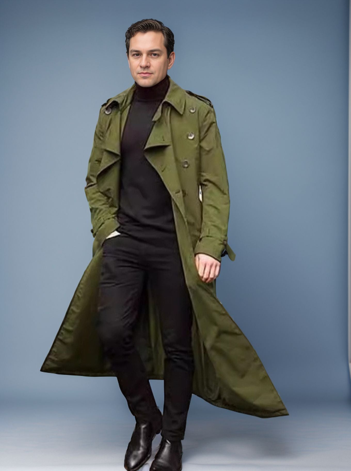 Men's Long Elegant Trench Coat with Pockets