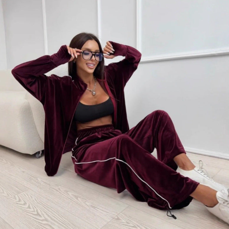 Damen Velour-Lounge-Set Sportlich Streifen Design - IdealeKleiden