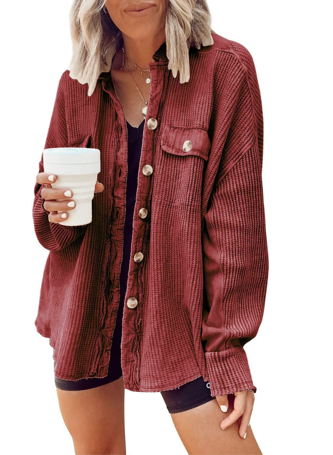 Women's Casual Textured Overshirt with Button Closure