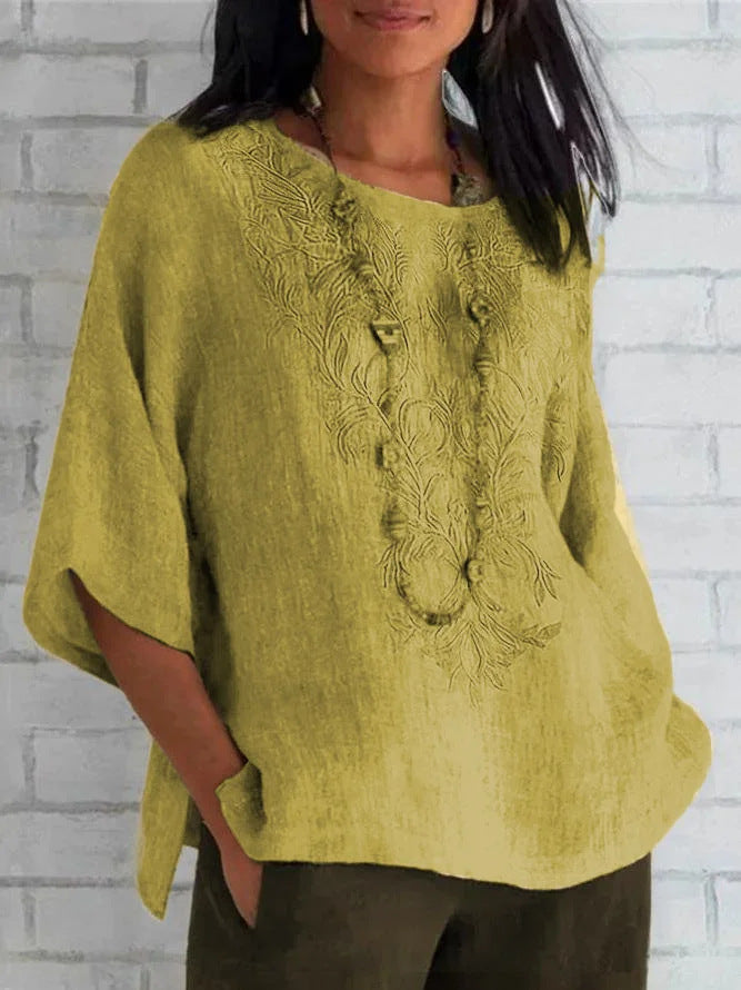 Women's Linen Blouse Embroidered Elegant Summer