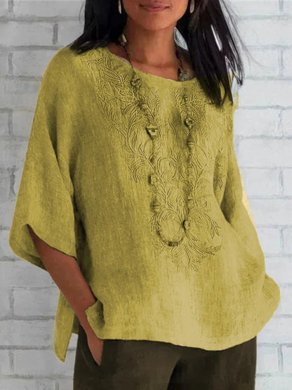 Women's Linen Blouse Embroidered Elegant Summer