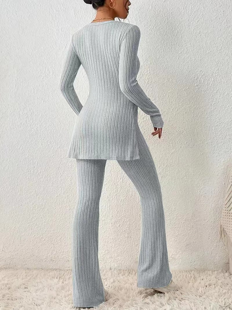 Women's Lounge Set Finely Ribbed Long-Sleeved Comfortable
