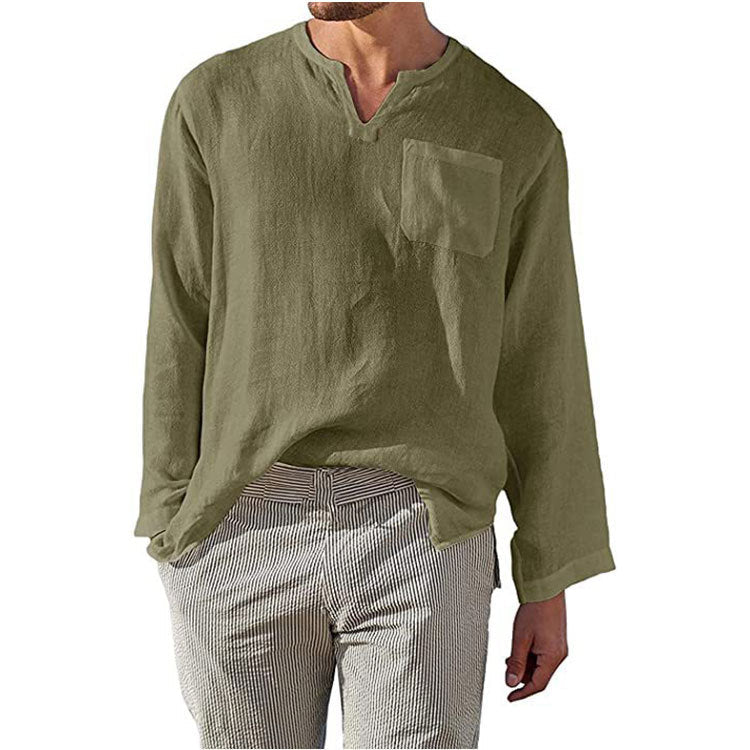 Men's Linen Long Sleeve Shirt Elegant Chest Pocket