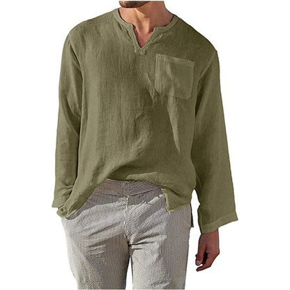 Men's Linen Long Sleeve Shirt Elegant Chest Pocket