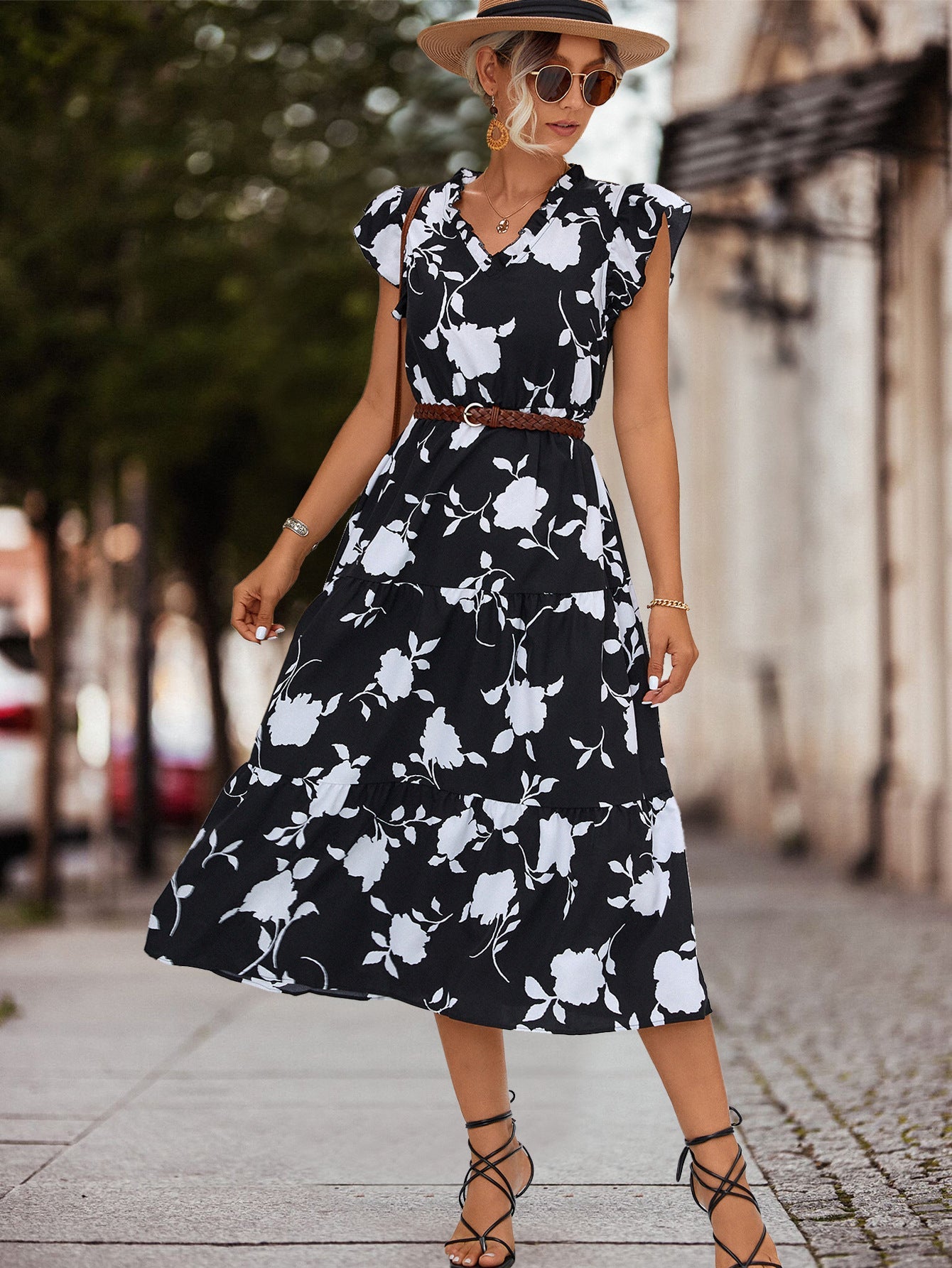 Women's Midi Dress Floral Ruffle Elegant Laced