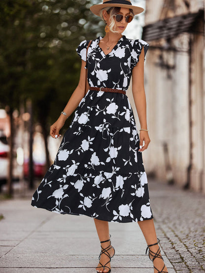 Women's Midi Dress Floral Ruffle Elegant Laced