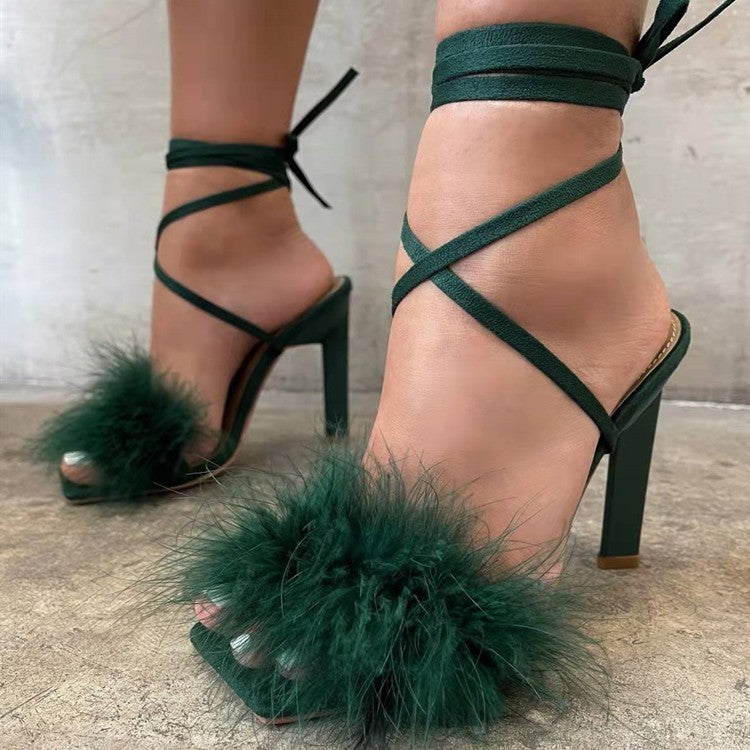 Women's High Heel Sandals Luxury Feather Detail