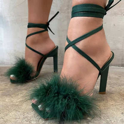 Women's High Heel Sandals Luxury Feather Detail