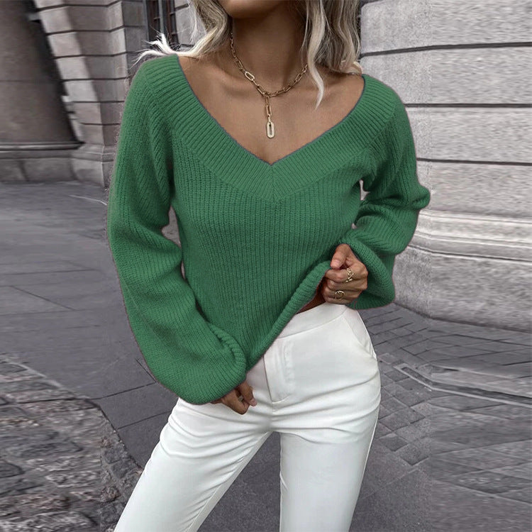 Women's Knitted V-Neck A-Line Sweater Trendy Women's Clothing