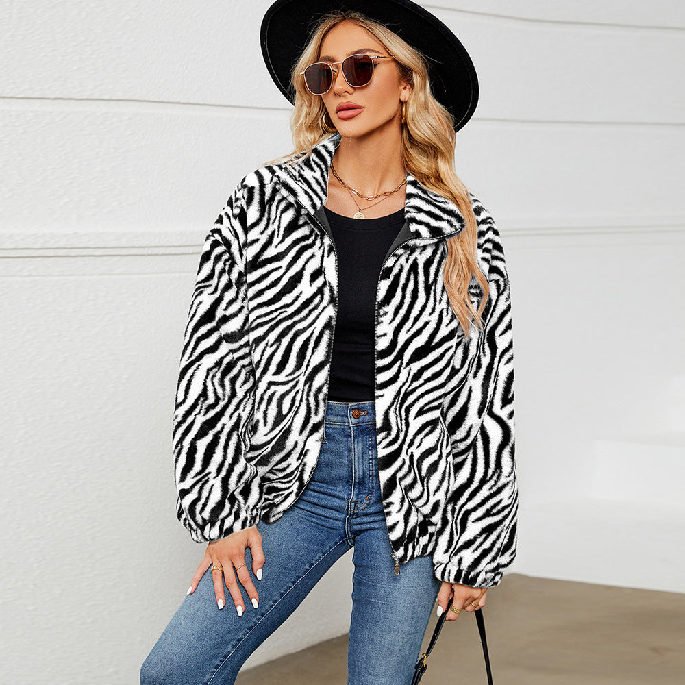 Women's Plush Jacket Zebra Pattern Stand-up Collar Trendy