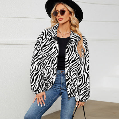 Women's Plush Jacket Zebra Pattern Stand-up Collar Trendy