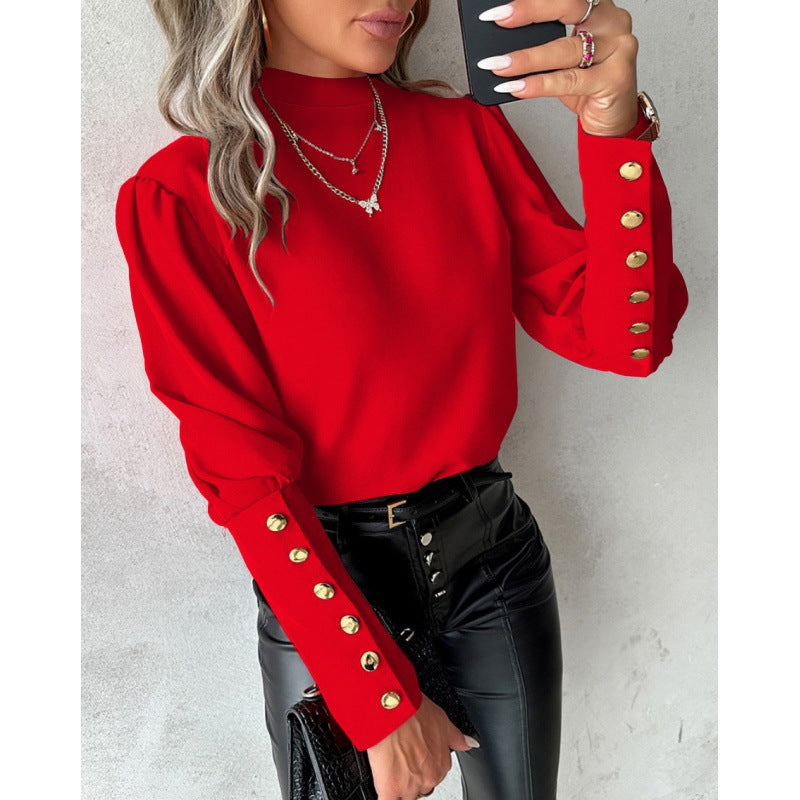 Elegant Women's Blouse Puff Sleeves Gold Details