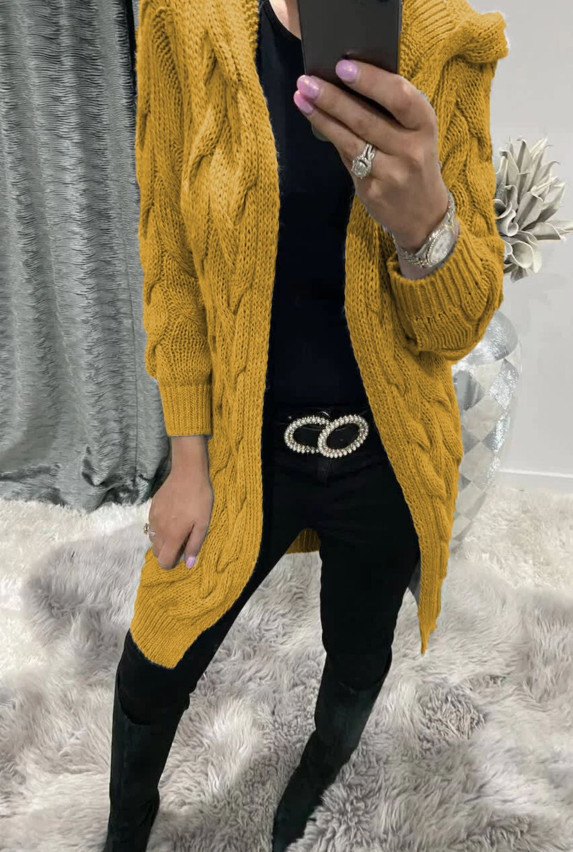 Women's Long Cable Knit Cardigan Elegant Design