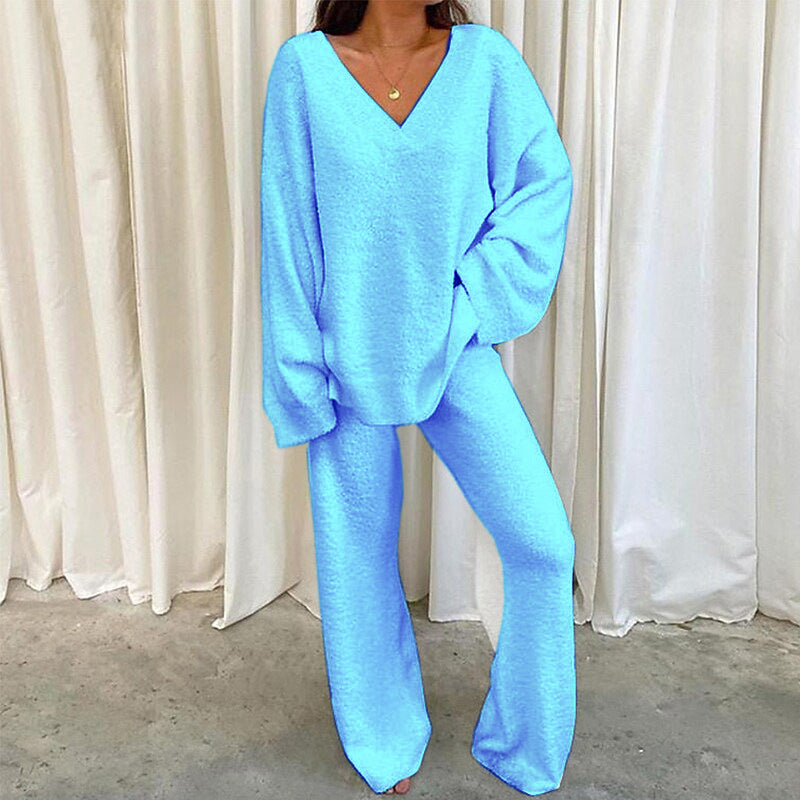 Women's Knitted Suit V-Neck Comfortable Wide Leg
