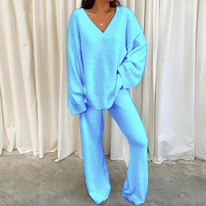 Women's Knitted Suit V-Neck Comfortable Wide Leg