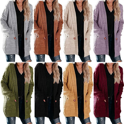 Damen Cardigan Grobstrick mit tiefen Taschen und Zopf Muster - IdealeKleiden