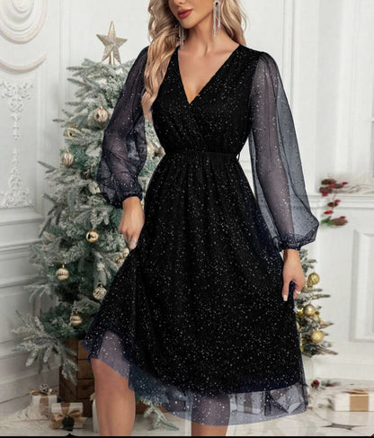 Women's Party Dress Glitter Puff Sleeve Evening Gown Elegant