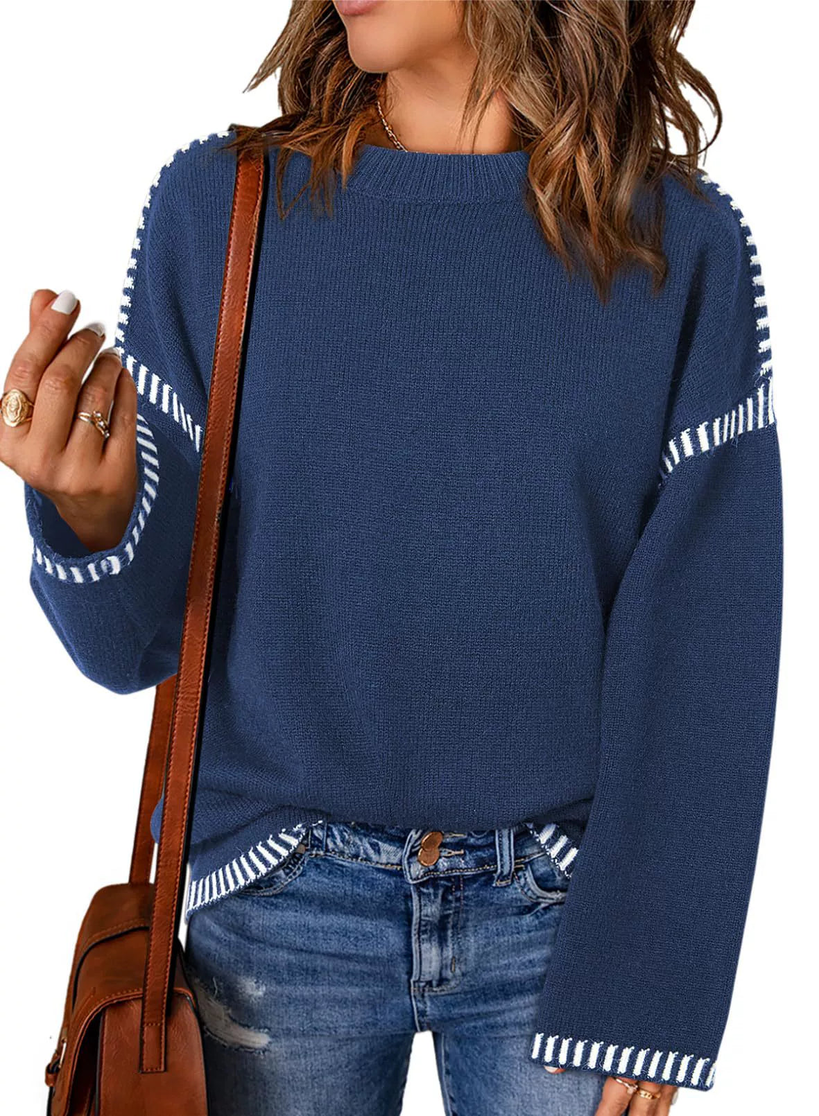 Loose Women's Clothing Round Neck Cable Knit Long Sleeve Stripes