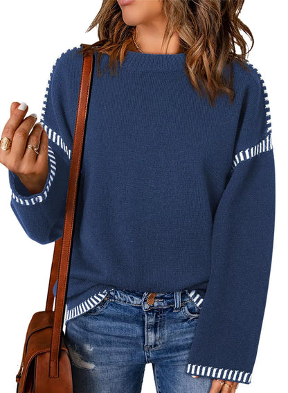 Loose Women's Clothing Round Neck Cable Knit Long Sleeve Stripes