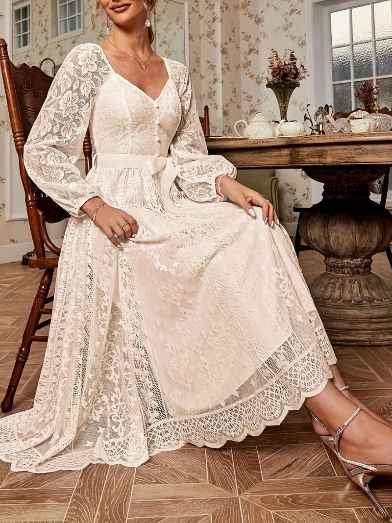 Women's Elegant Lace Puff Sleeve Waist Dress