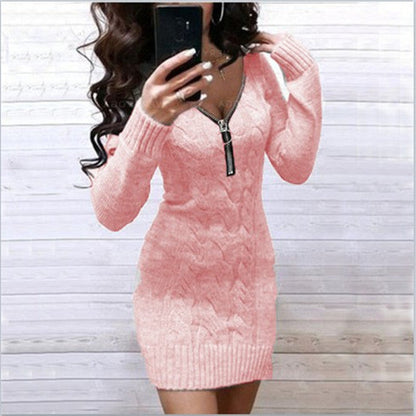 Women's Knitted Dress with Zipper Detail and Textured Pattern