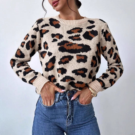Damen Strickpullover Leopardenmuster Überschnitten Schultern - IdealeKleiden