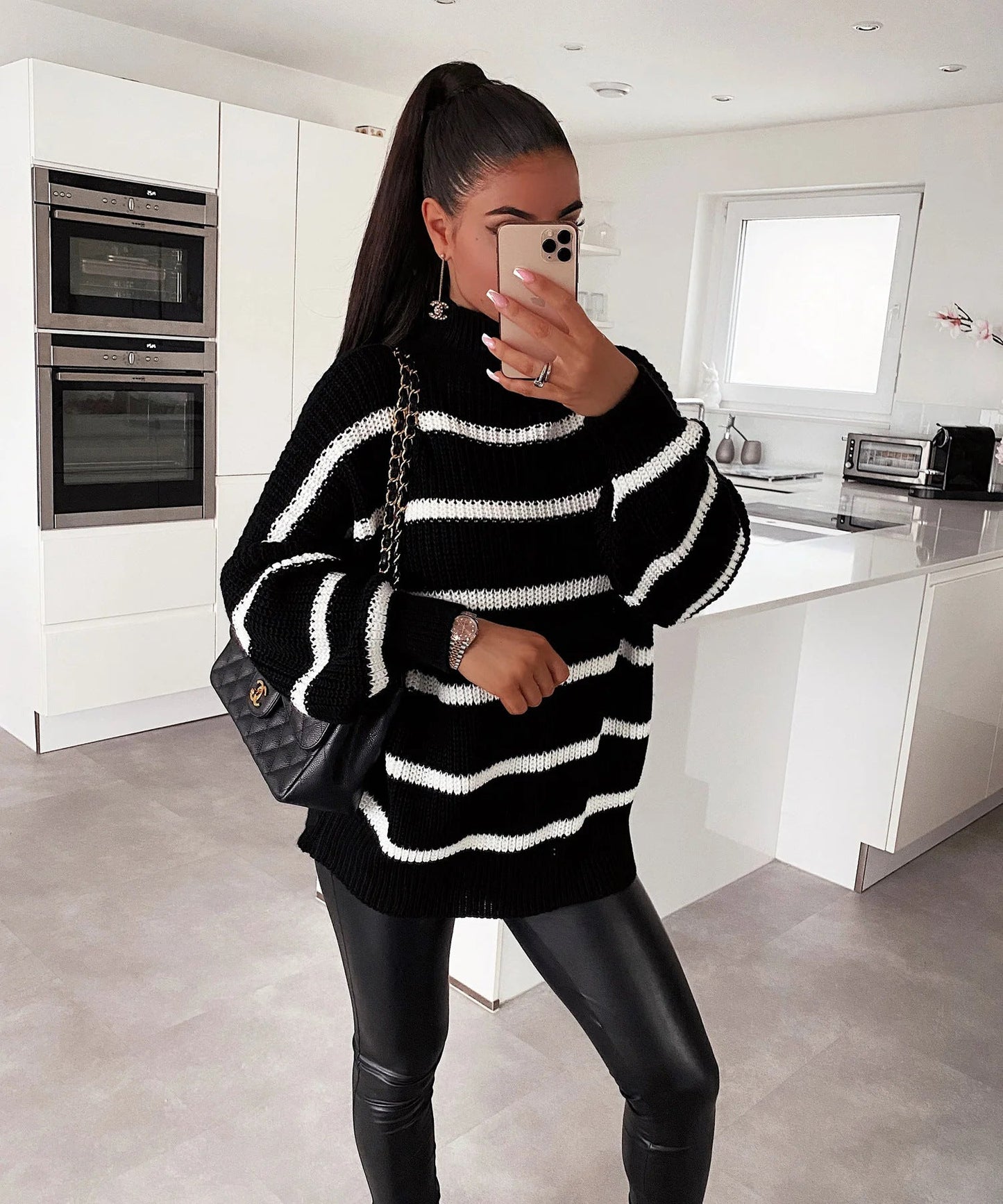 Women's Oversized Striped Turtleneck Sweater Modern
