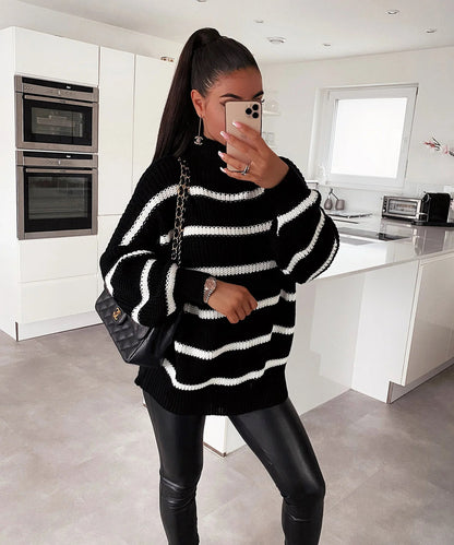 Women's Oversized Striped Turtleneck Sweater Modern