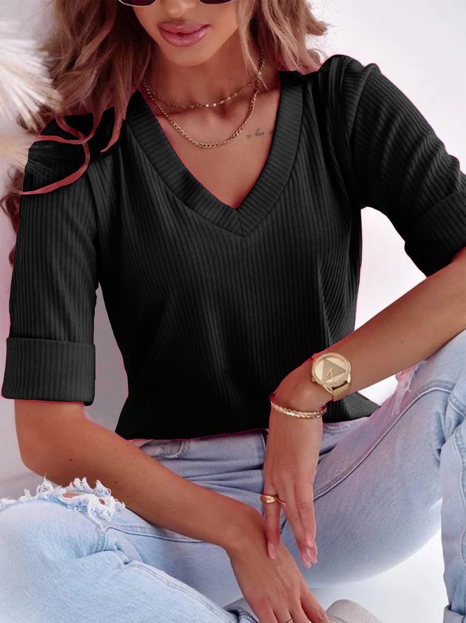 Women's V-Neck Short Sleeve Ribbed Top Summer Clothing